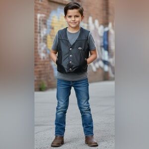 Harley Davidson Youth Black Leather Vest, Metal Engraved Snaps, UNISEX, XS
